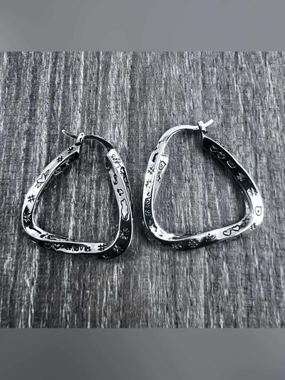 Sterling Silver Etched Triangle Hoop Earrings - Silver